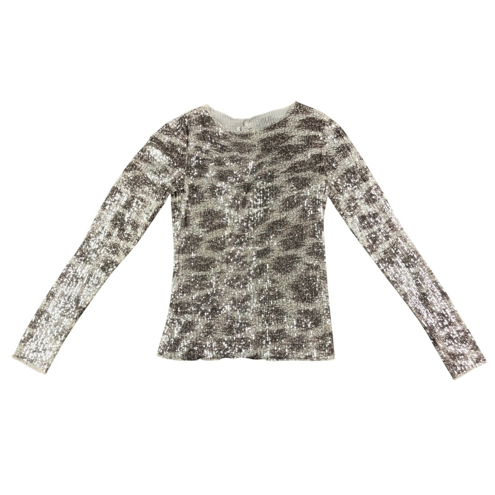 Intimately Free People Sequin Leopard Print Long Sleeve Top Silver Size Large